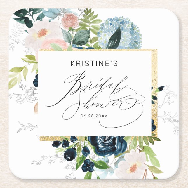 Elegant Rosa Blue Ro Watercolor Möhippa Underlägg Papper Kvadrat (Framsidan)