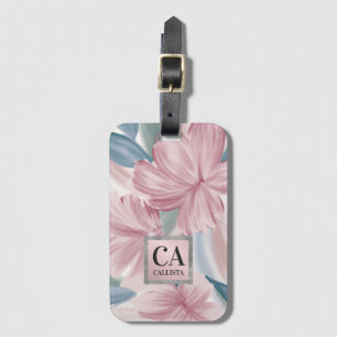 Elegant Rosa Blue Silver Blommigt Glitter Monogram Bagagebricka