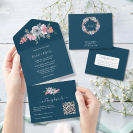 Elegant Rosa Blue Watercolor Blommigt Bröllop