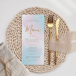 Elegant Rosa Blue Watercolor Guld Stänk Bröllop Meny