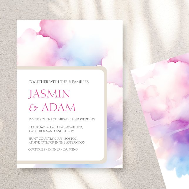 Elegant Rosa Blue White Clouds Monogram Bröllop Julkort (Elegant Pink Blue White Clouds Monogram Wedding Holiday Card)
