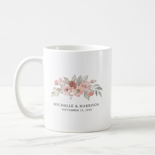 Elegant Rosa Blush Blommig Akvarell Bröllop Kaffemugg (Vänster)