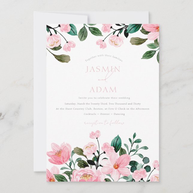 Elegant Rosa Blush Blommig Monogram Bröllop Inbjudningar (Framsida)