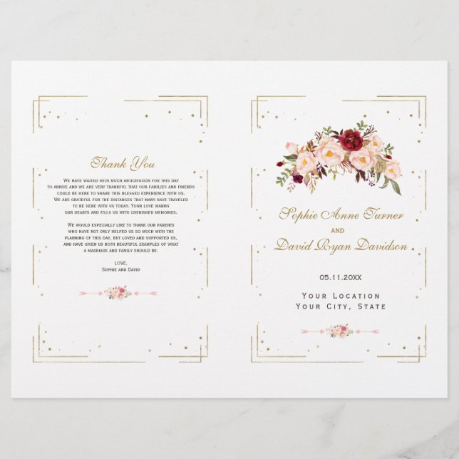 Elegant Rosa Blush Blommor Guld Ram Bröllopsprogra (Framsida)
