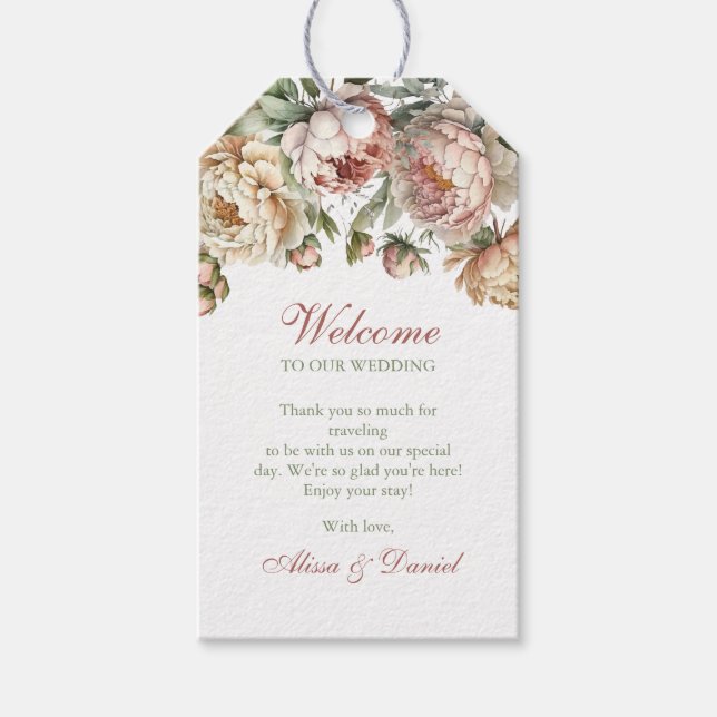 Elegant Rosa Blush-pionbröllopsfavoritlabel Presentetikett (Framsidan)