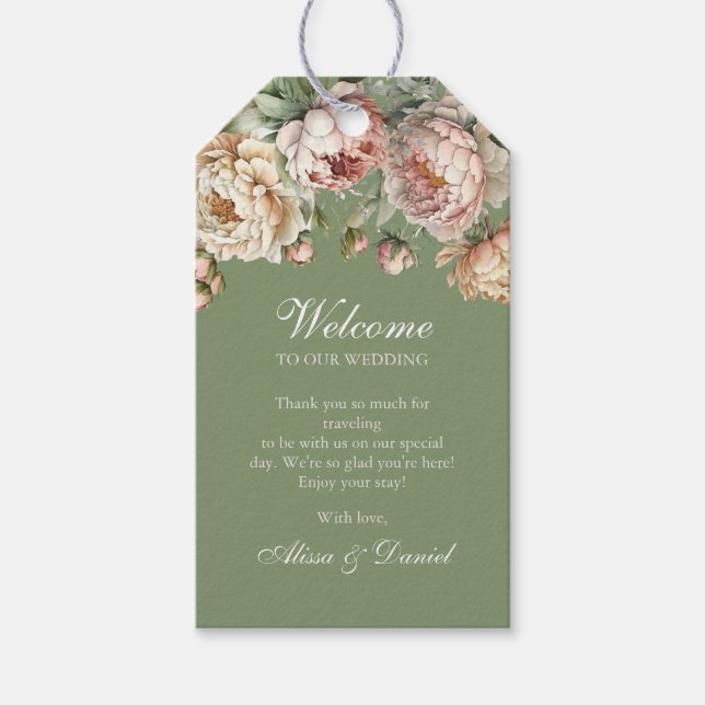 Elegant Rosa Blush-pionbröllopsfavoritlabel Presentetikett (Framsidan)