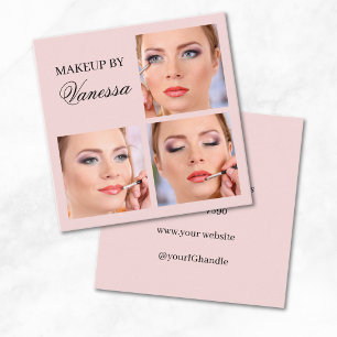 Elegant Rosa Blush Svart Script 3 Foto Makeup Fyrkantigt Visitkort