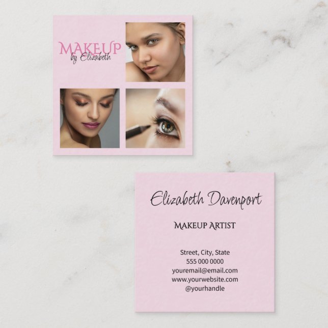 Elegant Rosa Blush Svart Script 3 Foto Makeup Fyrkantigt Visitkort (Fram/baksida)