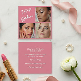 Elegant Rosa Blush Svart Skrift 3 Foto Makeup Fyrkantigt Visitkort