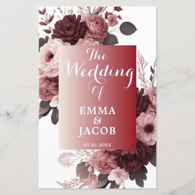 Elegant Rosa Blush Vinröd Blommig Bröllopsprogram (Framsida)