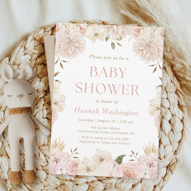 Elegant Rosa Boho Blommigt Baby Shower-inbjudan Inbjudningar (Skapare uppladdad)