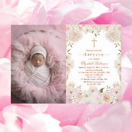 Elegant Rosa Boho Blommigt Baptism Fotoinbjudan Inbjudningar