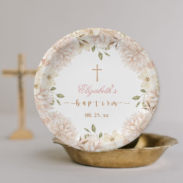 Elegant Rosa Boho Blommigt Baptism Papper Plattor
