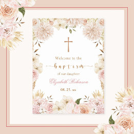 Elegant Rosa Boho Blommigt Baptism Poster
