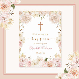 Elegant Rosa Boho Blommigt Baptism Poster