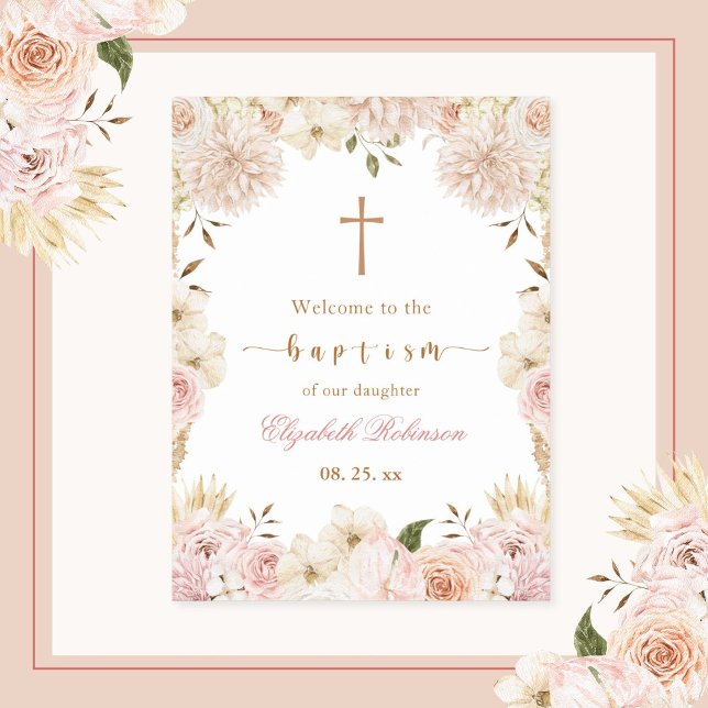 Elegant Rosa Boho Blommigt Baptism Poster (Skapare uppladdad)