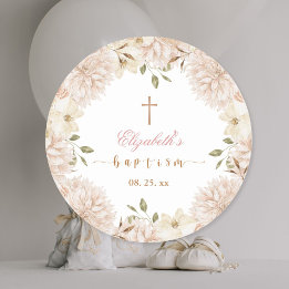 Elegant Rosa Boho Blommigt Baptism Runt Klistermärke