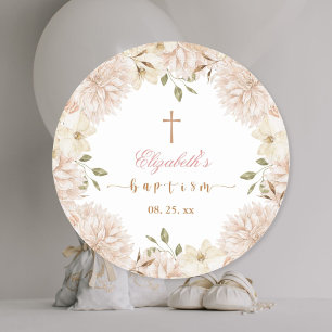 Elegant Rosa Boho Blommigt Baptism Runt Klistermärke