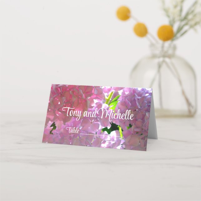 Elegant rosa boho blommigts blommor hydrangeas placeringskort (Framsida)