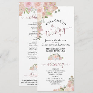Elegant  Rosa Boho Watercolor Blommigt Bröllop Program