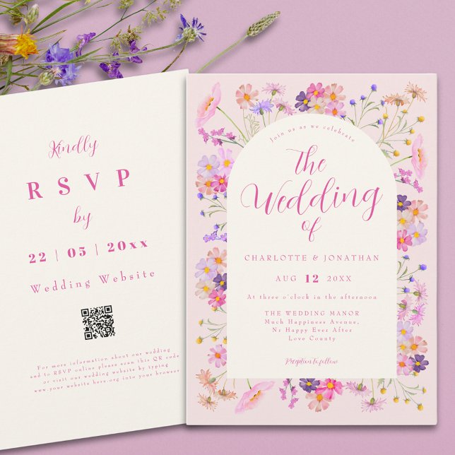 Elegant Rosa Boho Wildblomma Bröllop QR-kod Inbjudningar (Elegant wildflower pink qr code wedding invitation )
