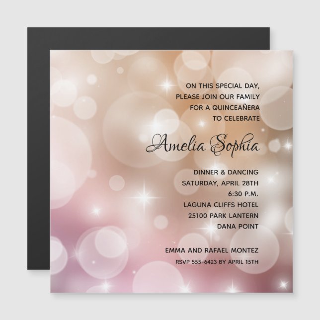 Elegant Rosa  Bokeh Quinceañera Magnetisk Inbjudningskort (Fram/baksida)