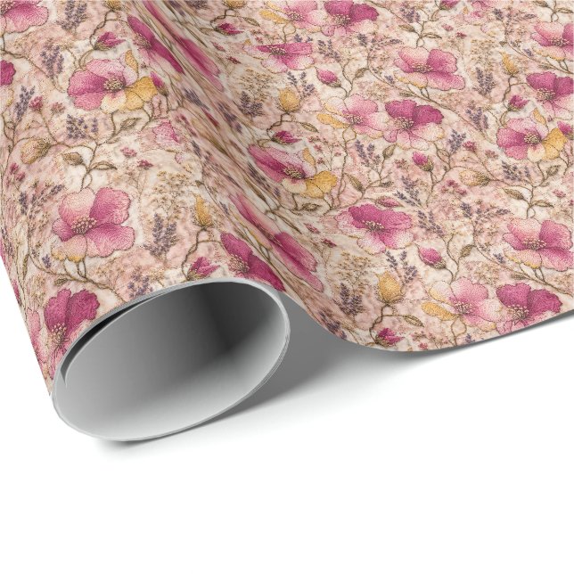 Elegant Rosa Botanisk Blommönster Presentpapper (Rullad Hörn)