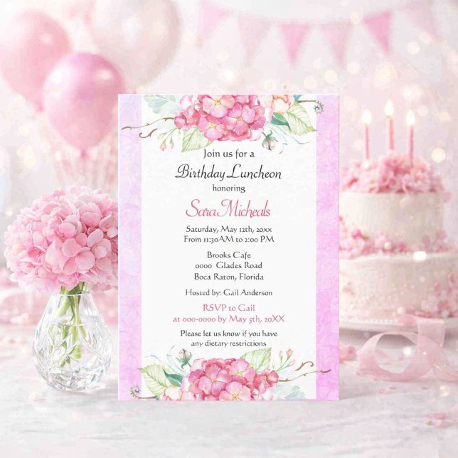 Elegant Rosa Botanisk Födelsedag  Inbjudningar (Celebrate in style with this watercolor floral birthday luncheon invitation featuring pink hydrangea)
