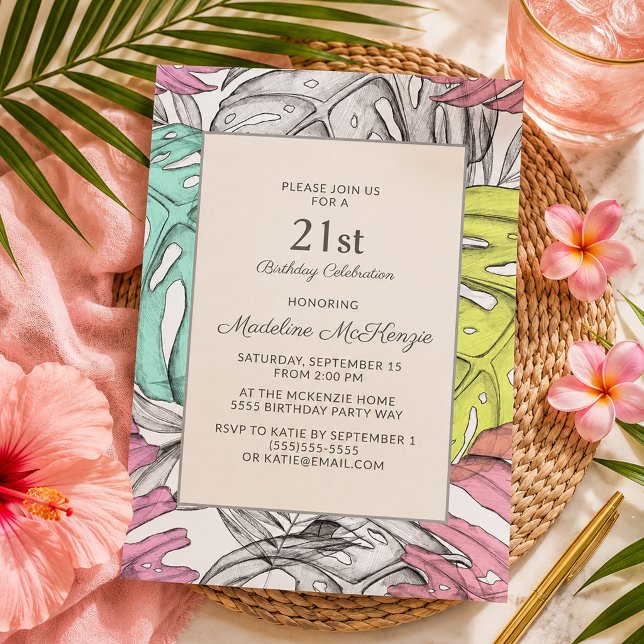 Elegant Rosa Botanisk Tropisk Palmblad 21:a  Inbjudningar (Chic pink, teal, and yellow tropical leaves 21st birthday invitation)
