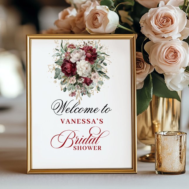 Elegant Rosa Bourgogne Bröllopsfest Välkomstskylt Poster (Graceful Blush Burgundy Bridal Shower Welcome Poster)