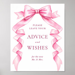 Elegant Rosa Bow Advice och Önskemål Bröllop-tecke Poster