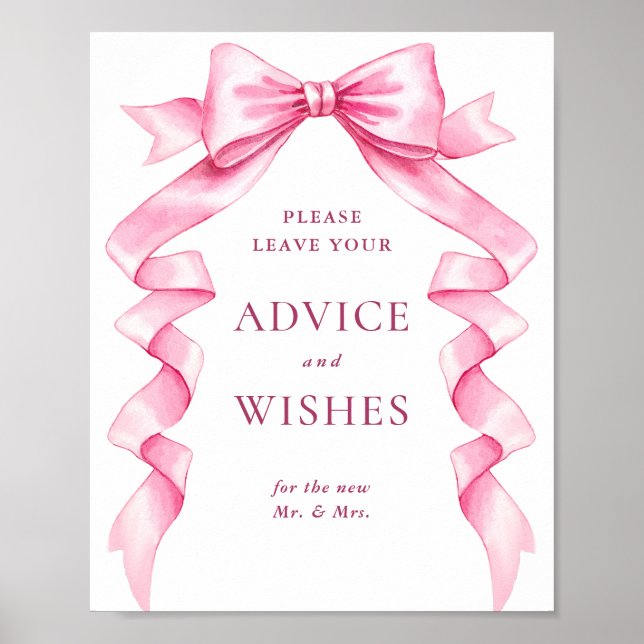 Elegant Rosa Bow Advice och Önskemål Bröllop-tecke Poster (Framsidan)