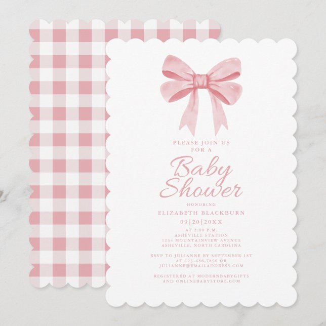 Elegant Rosa Bow Baby Shower Girly Gingham Check Inbjudningar (Fram/baksida)