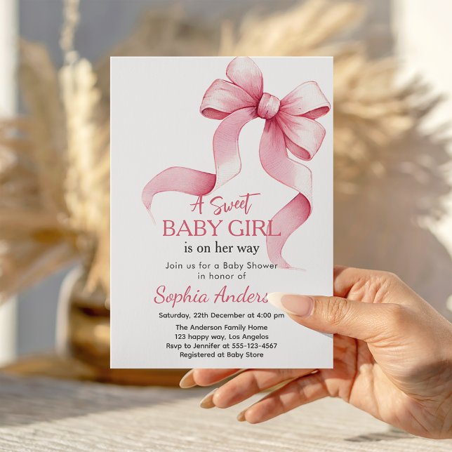 Elegant Rosa Bow Baby Shower-inbjudan för flicka Inbjudningar (Skapare uppladdad)