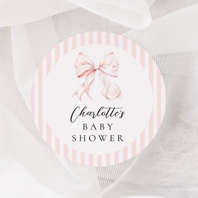 Elegant Rosa Bow Baby Shower Runt Klistermärke (Skapare uppladdad)