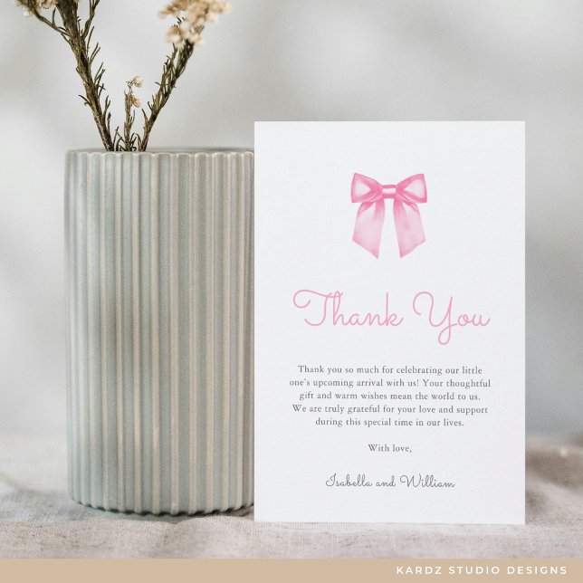 Elegant Rosa Bow Baby Shower Tack Kort (Flat Thank You Card in 3.5 x 5 inches. Personalize text, select size, paper, and corner style.)