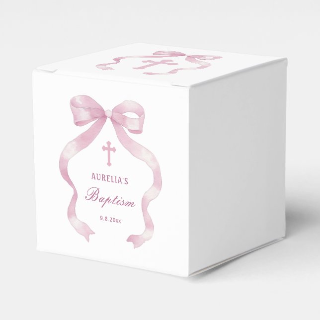 Elegant Rosa Bow Baptism Cube Presentaskar (Framsidan Sidan)