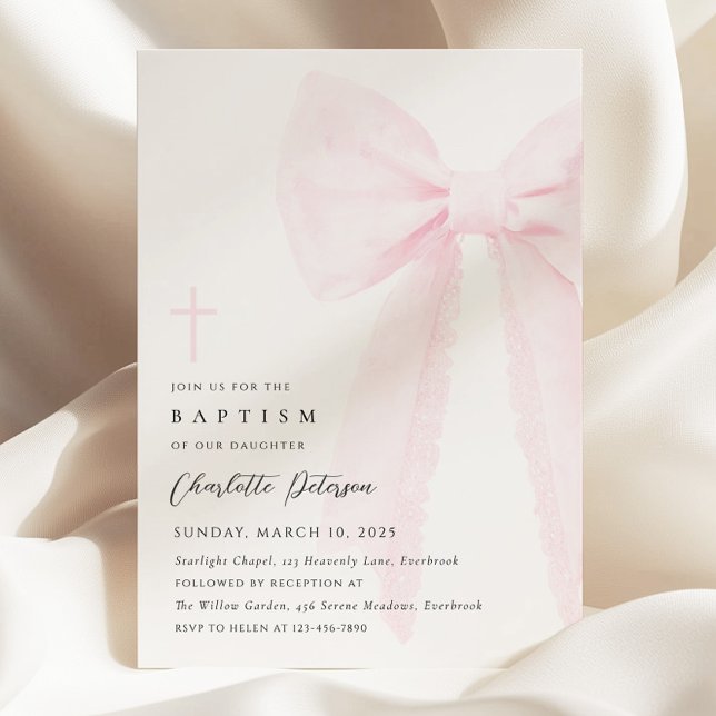 Elegant Rosa Bow Baptism-inbjudan Inbjudningar (Skapare uppladdad)