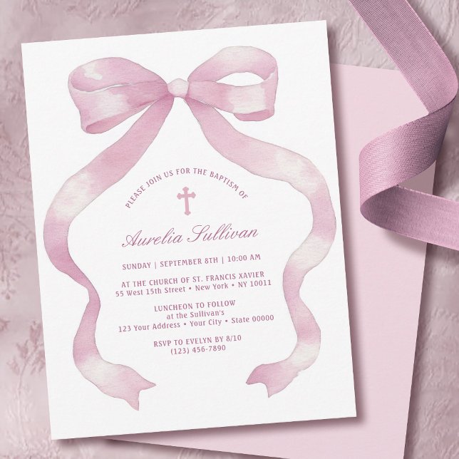 Elegant Rosa Bow Baptism Inbjudningar (Skapare uppladdad)