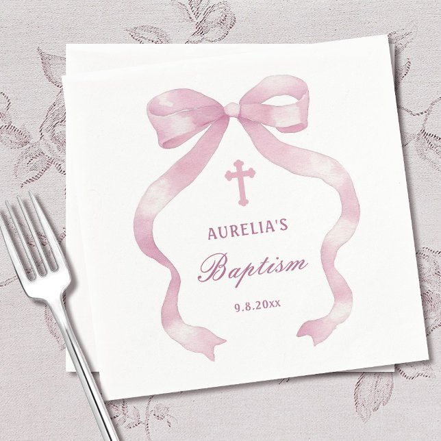 Elegant Rosa Bow Baptism Pappersservett (Skapare uppladdad)