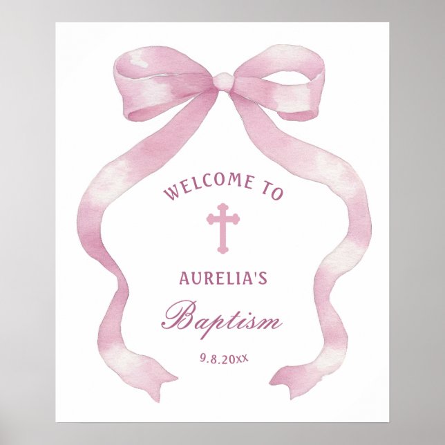 Elegant Rosa Bow Baptism Välkommen Poster (Framsidan)