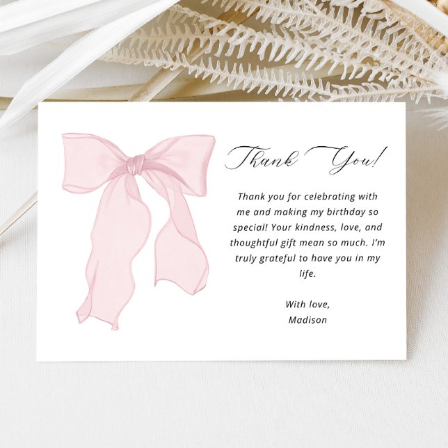 Elegant Rosa Bow Birthday Tack Kort (Skapare uppladdad)