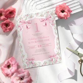 Elegant Rosa Bow Blommigt Coquette 1:a födelsedag Inbjudningar