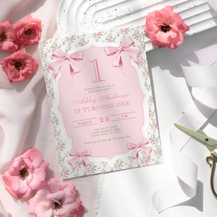 Elegant Rosa Bow Blommigt Coquette 1:a födelsedag Inbjudningar