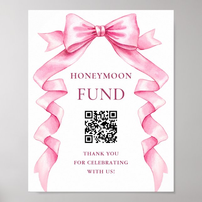 Elegant Rosa Bow Bröllop Honeymoon Fund Sign Poster (Framsidan)