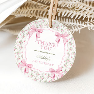 Elegant Rosa Bow Coquette 1:a födelsedag Tack Gåvor Etiketter