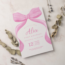 Elegant Rosa Bow Coquette First Birthday Girl Inbjudningar