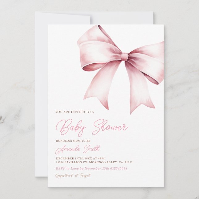 Elegant  Rosa Bow Coquette Girl Baby Shower Inbjudningar (Framsida)