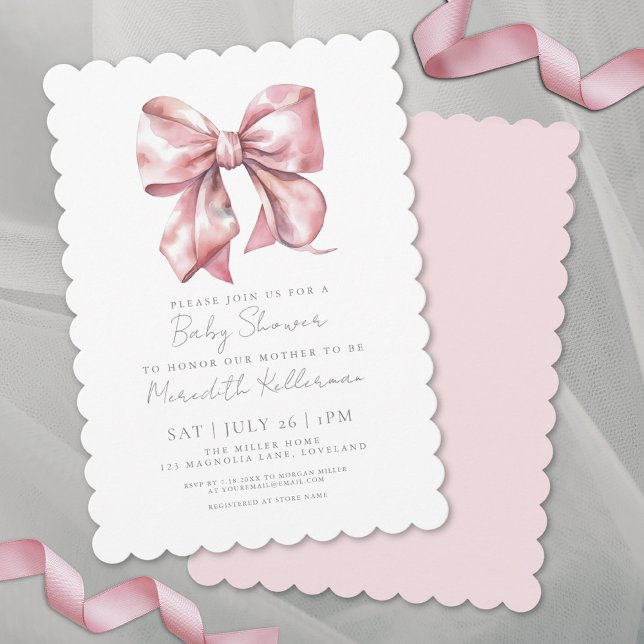 Elegant Rosa Bow Coquette Girl Baby Shower Inbjudningar (Elegant Pink Bow Coquette Girl Baby Shower Invitation)