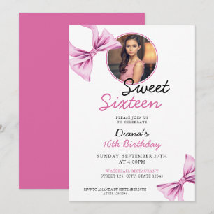 Elegant Rosa Bow Coquette Photo Sweet 16 Birthday Inbjudningar